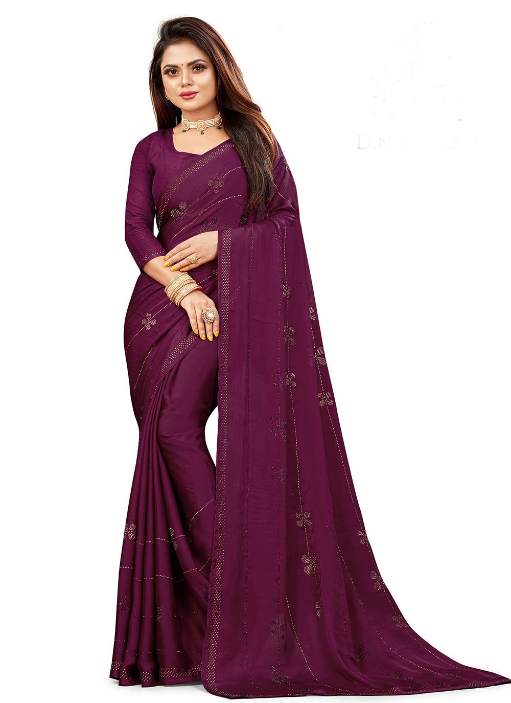 Trendy Saree Chiffon Satin Purple Swarovski Saree