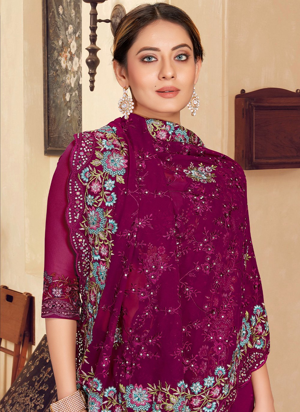 Contemporary Georgette Purple Embroidered Saree