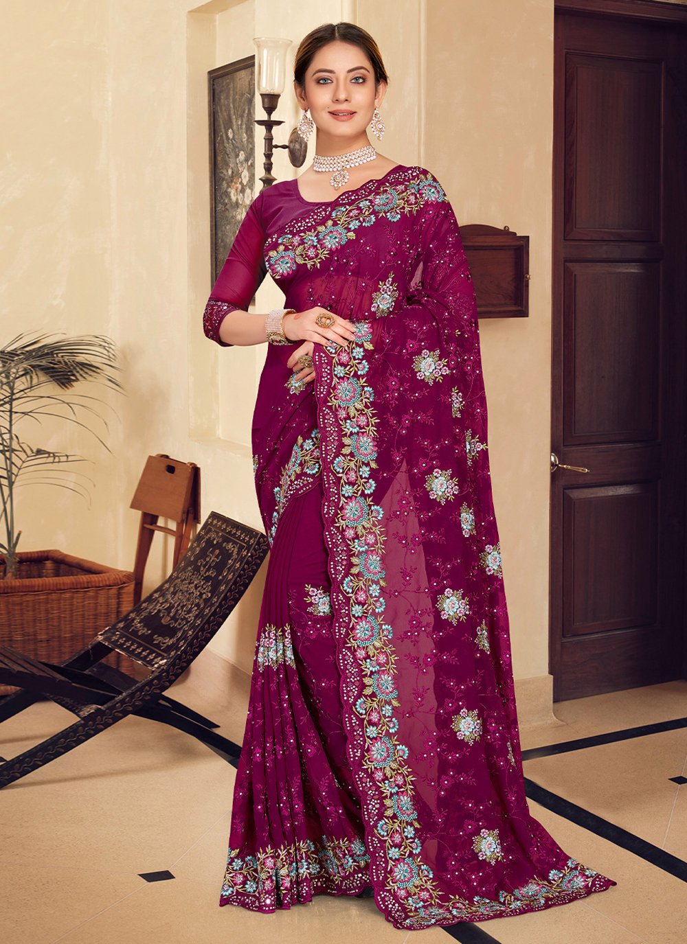 Contemporary Georgette Purple Embroidered Saree