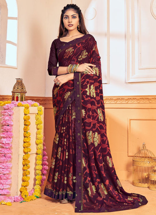 Contemporary Brasso Chiffon Purple Foil Print Saree