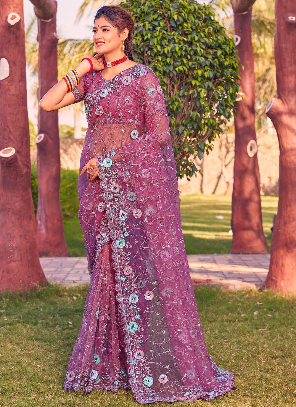 Contemporary Net Purple Booti Saree