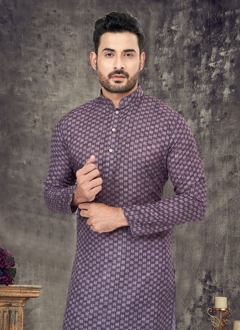 Kurta Pyjama Cotton Purple Digital Print Mens