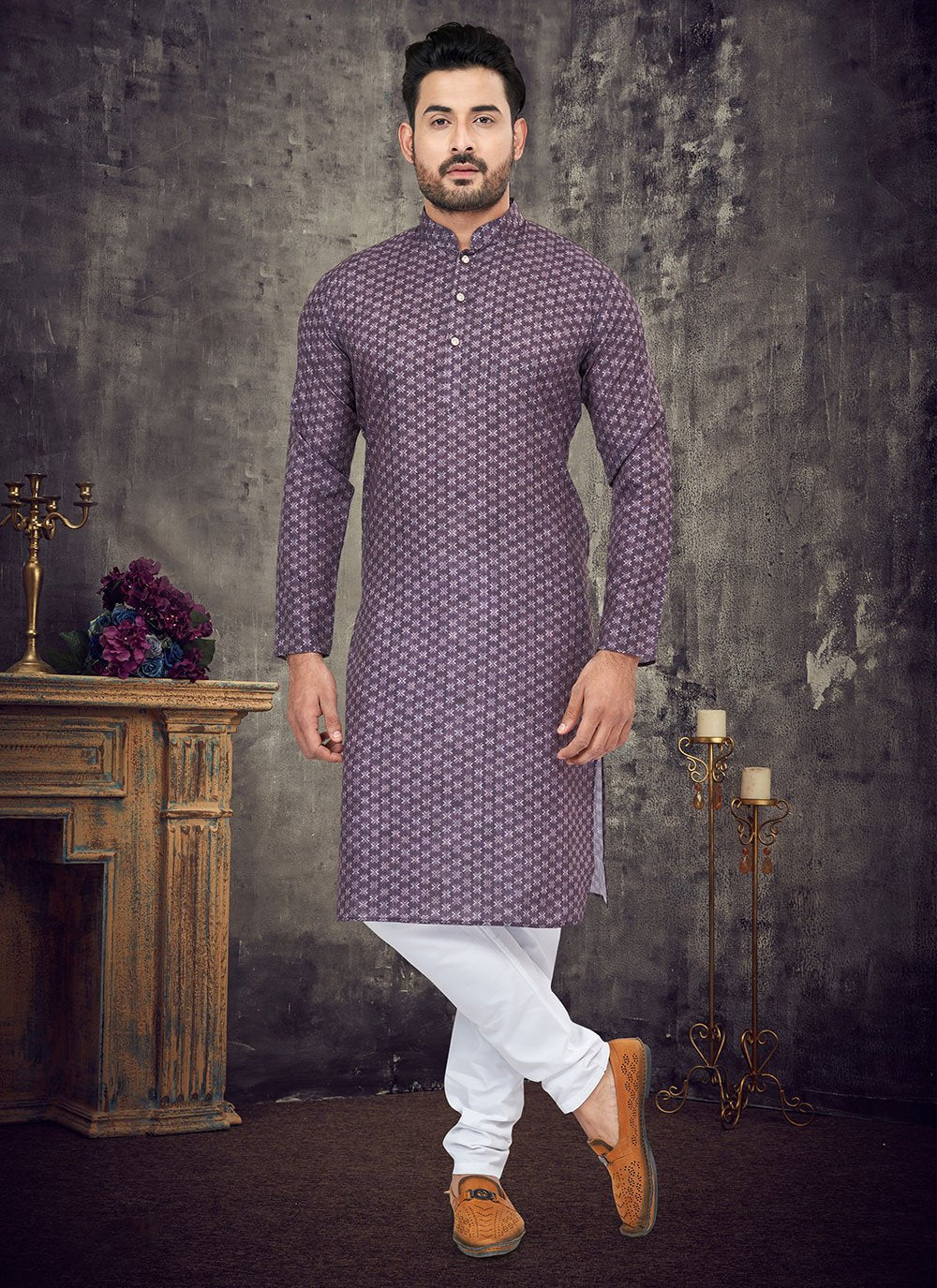 Kurta Pyjama Cotton Purple Digital Print Mens