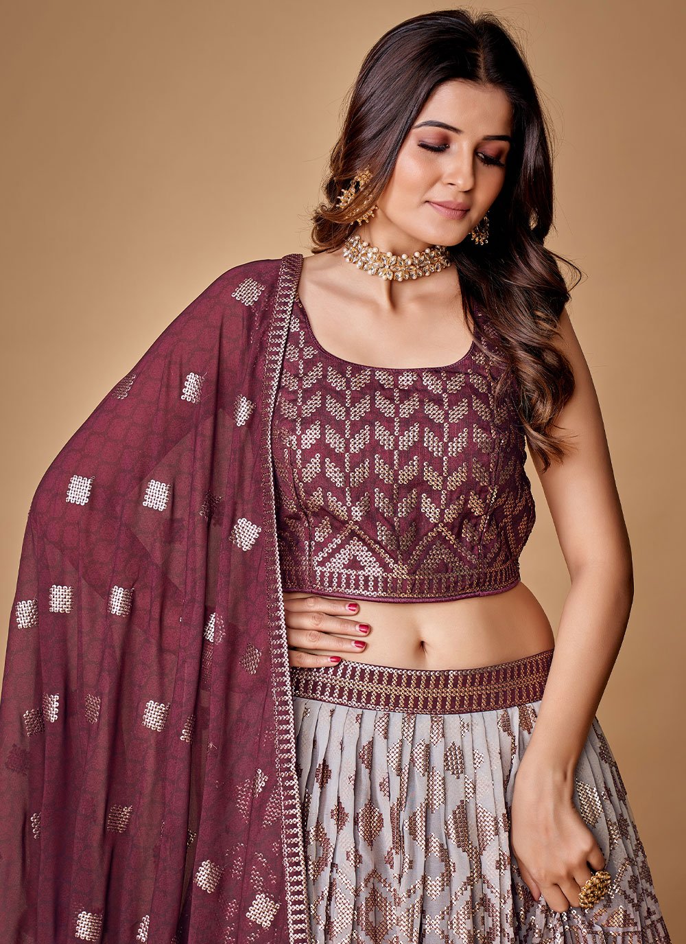 A Line Lehenga Georgette Purple Sequins Lehenga Choli