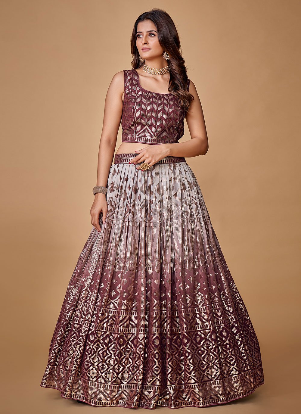 A Line Lehenga Georgette Purple Sequins Lehenga Choli