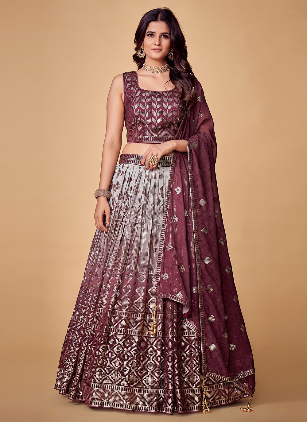 A Line Lehenga Georgette Purple Sequins Lehenga Choli