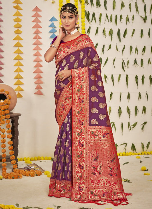 Traditional Saree Silk Purple Foil Print Saree