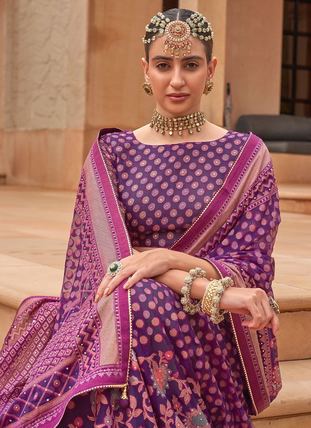 Contemporary Brasso Purple Diamond Saree