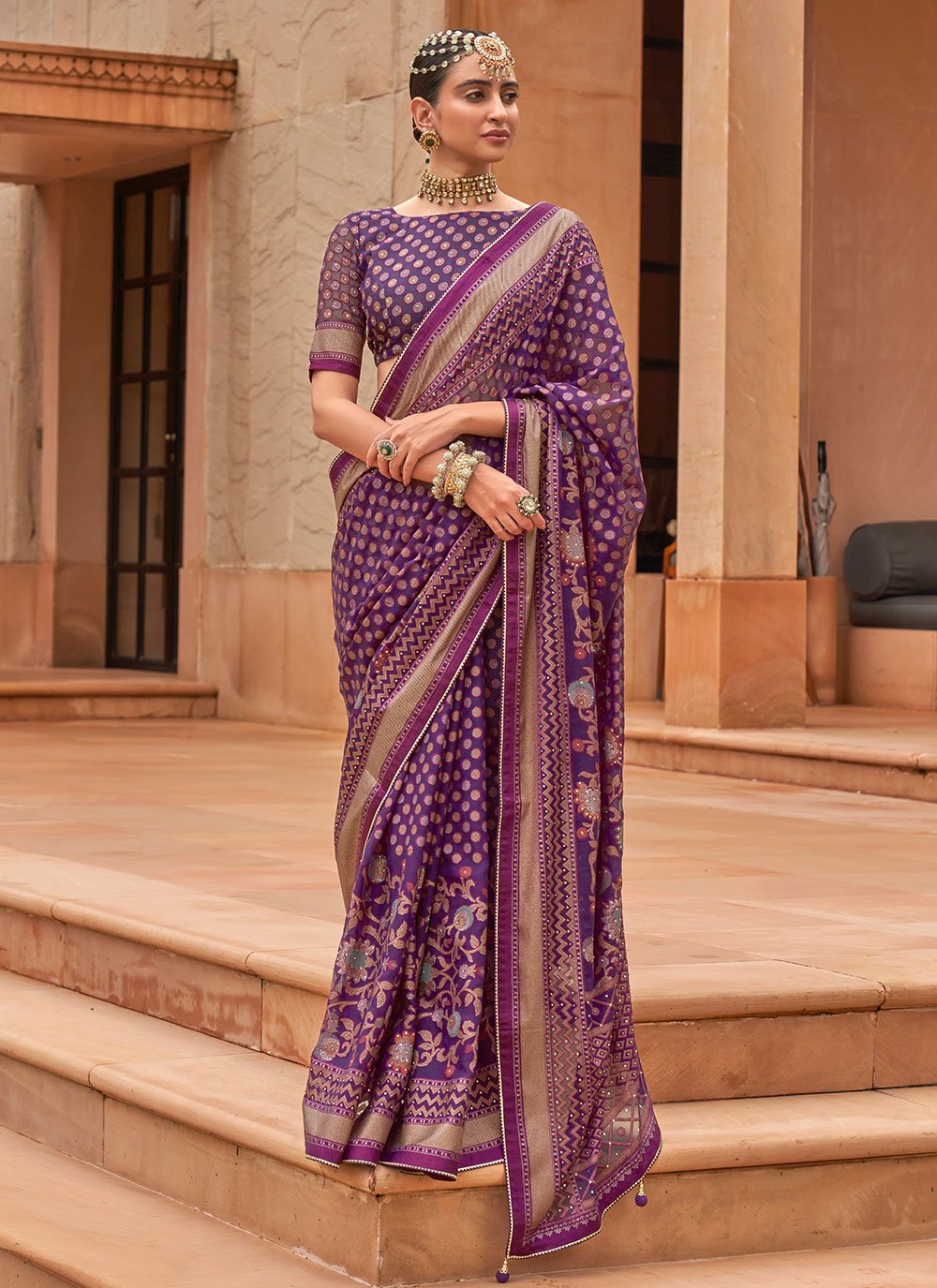 Contemporary Brasso Purple Diamond Saree