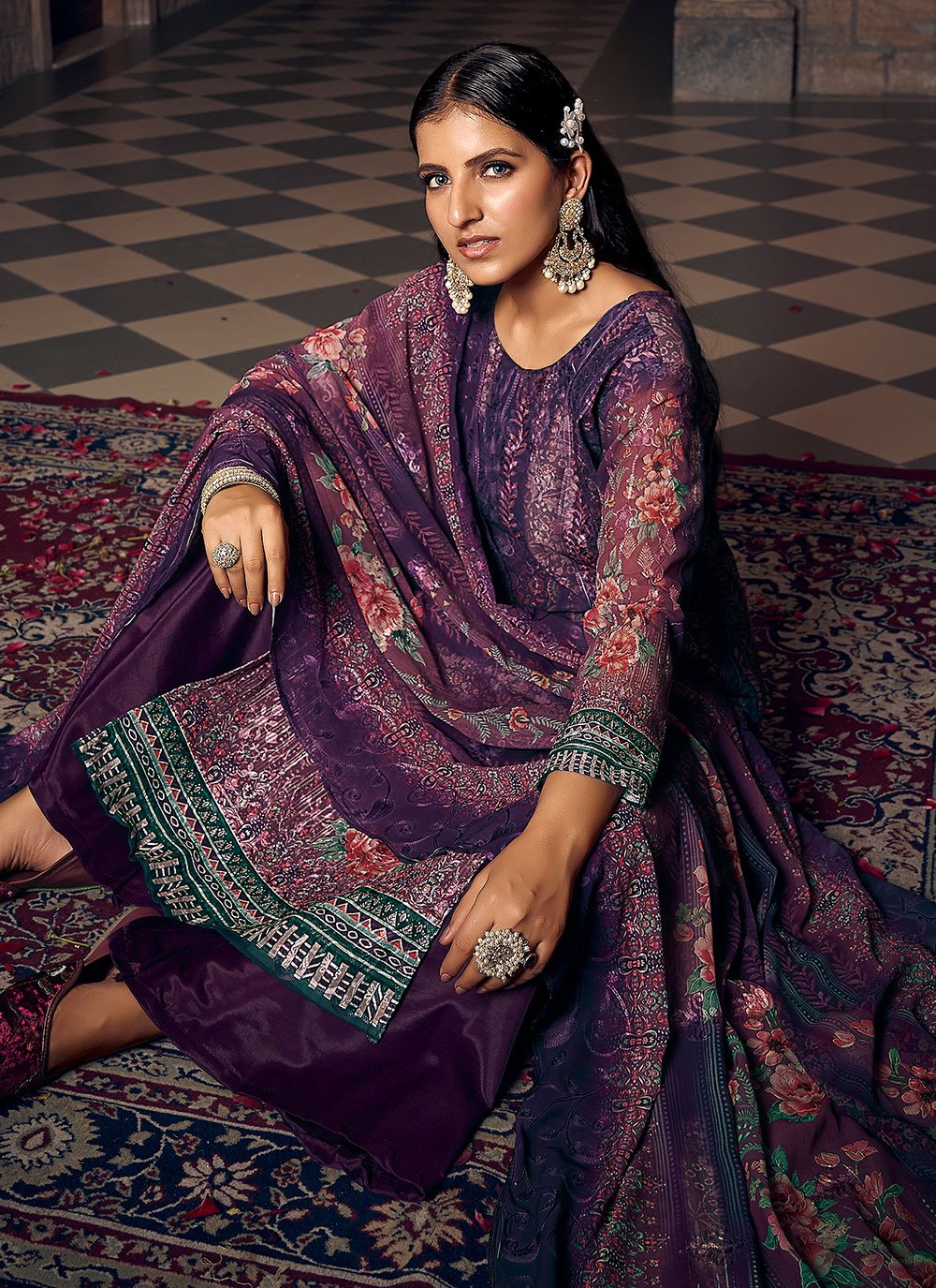 Straight Salwar Suit Georgette Purple Digital Print Salwar Kameez