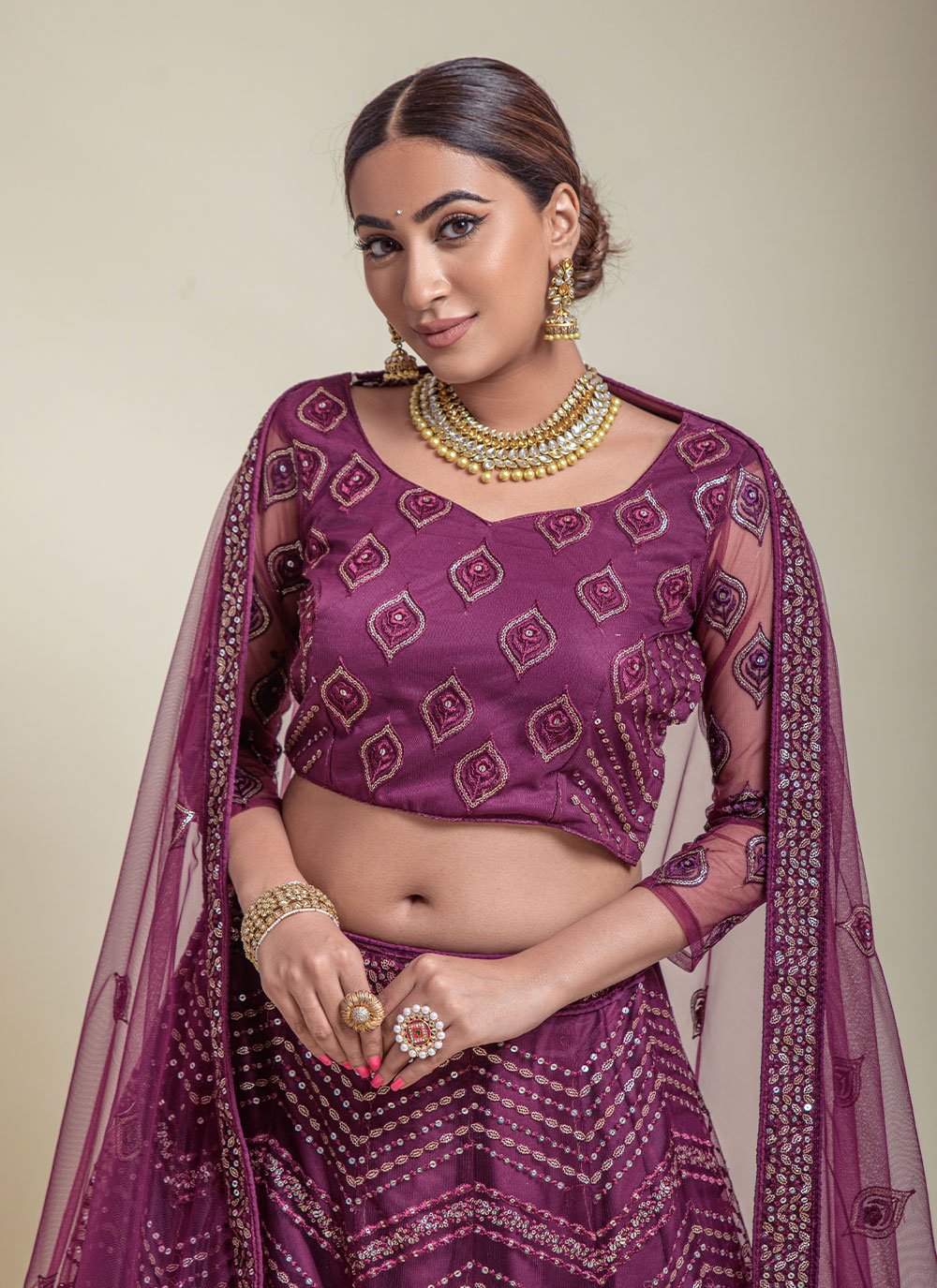 A Line Lehenga Net Purple Embroidered Lehenga Choli