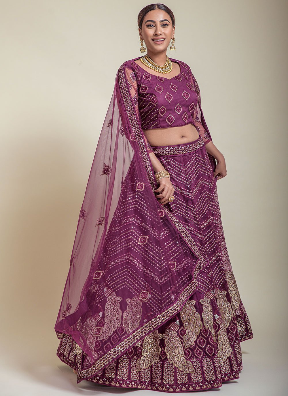 A Line Lehenga Net Purple Embroidered Lehenga Choli