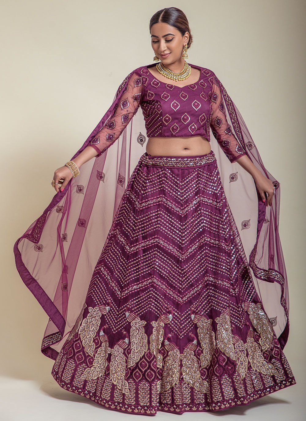 A Line Lehenga Net Purple Embroidered Lehenga Choli