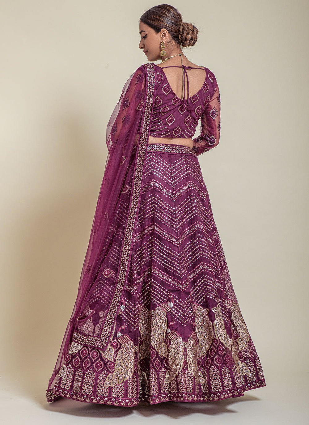 A Line Lehenga Net Purple Embroidered Lehenga Choli