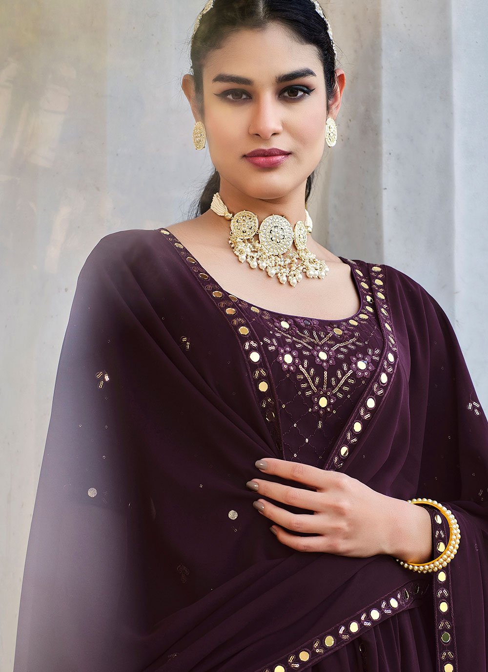 Anarkali Suit Georgette Purple Embroidered Salwar Kameez