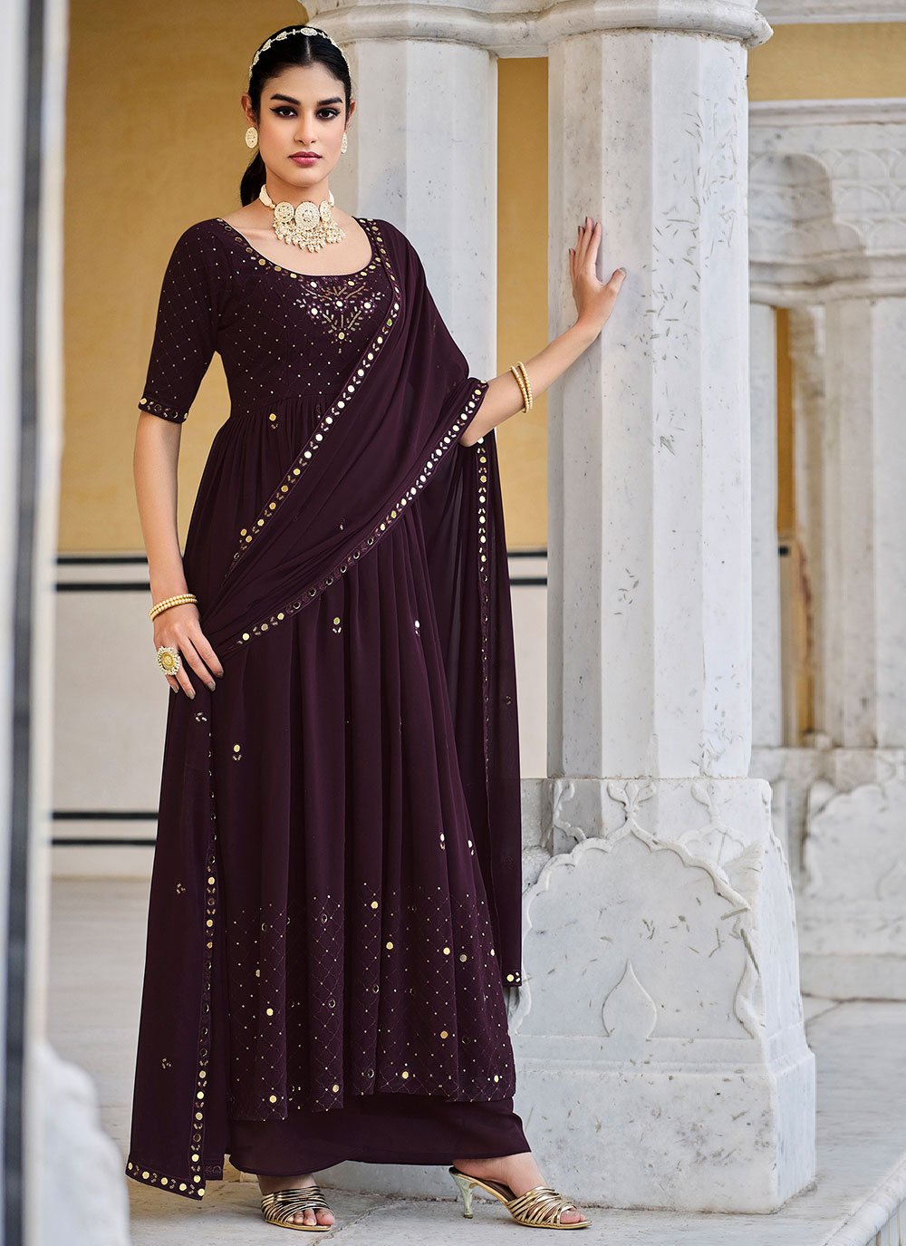 Anarkali Suit Georgette Purple Embroidered Salwar Kameez