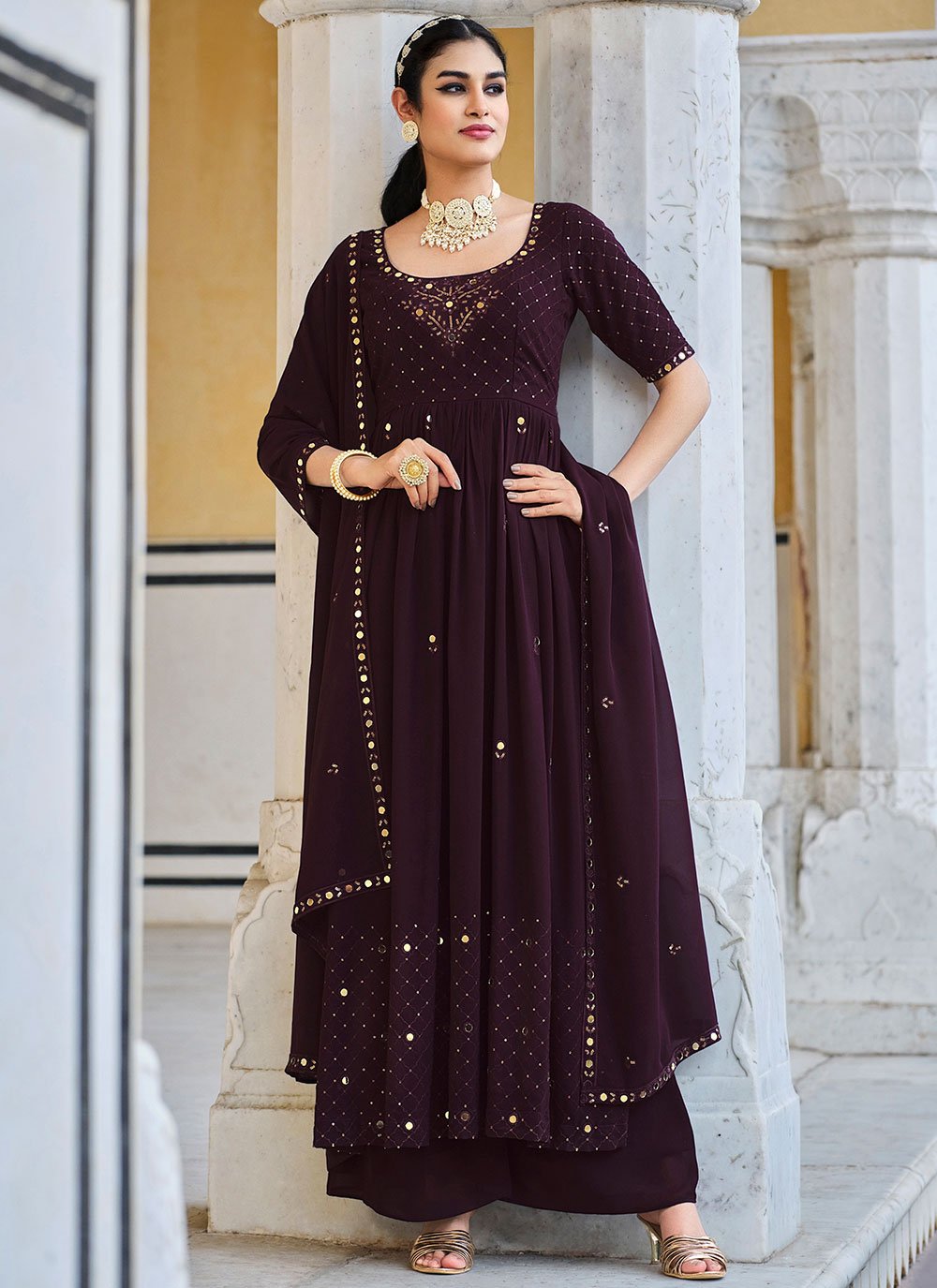 Anarkali Suit Georgette Purple Embroidered Salwar Kameez