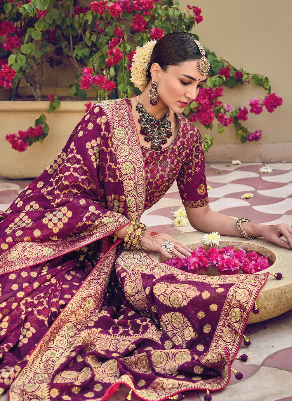 Classic Pure Georgette Viscose Purple Embroidered Saree