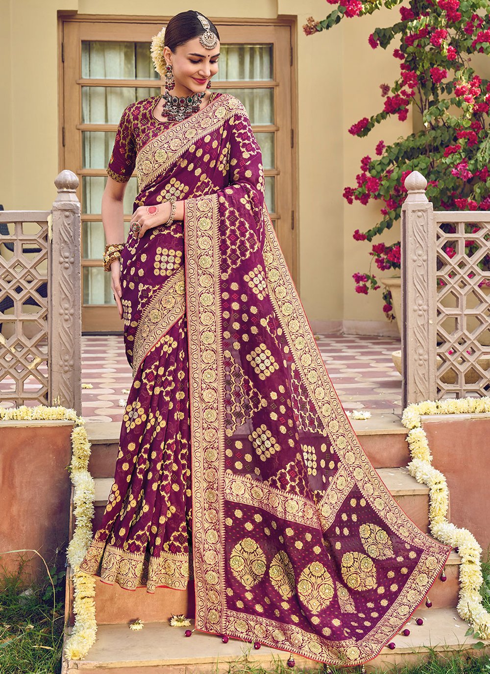 Classic Pure Georgette Viscose Purple Embroidered Saree