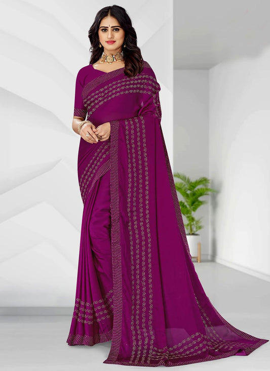 Classic Satin Purple Embroidered Saree