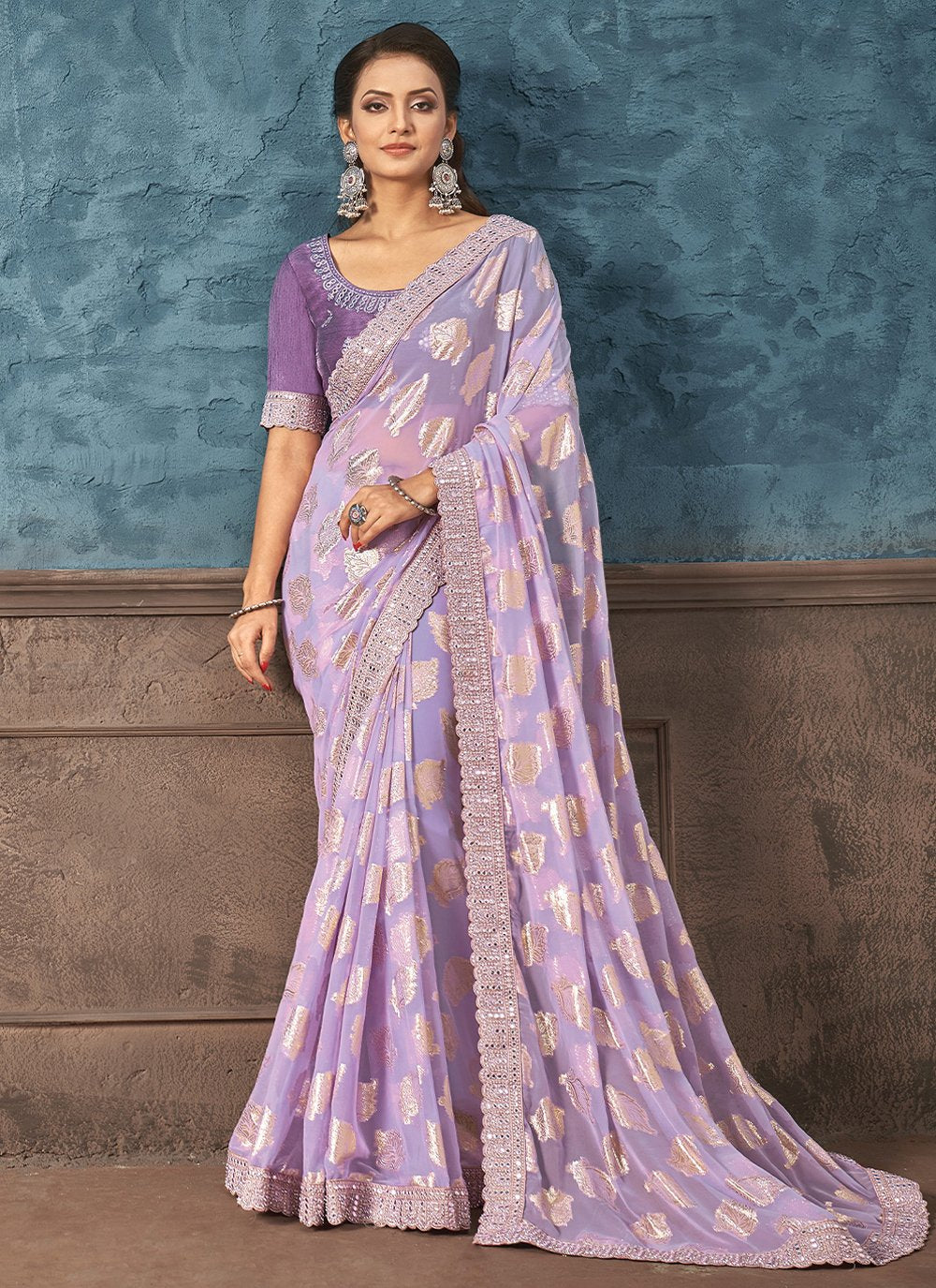 Contemporary Georgette Jacquard Purple Embroidered Saree