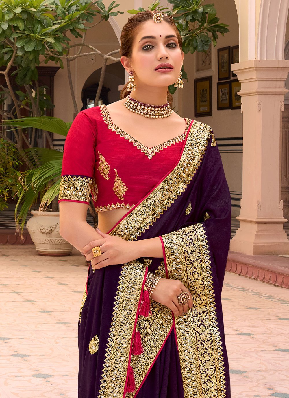 Contemporary Vichitra Silk Purple Embroidered Saree