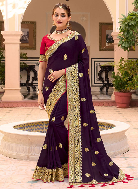 Contemporary Vichitra Silk Purple Embroidered Saree