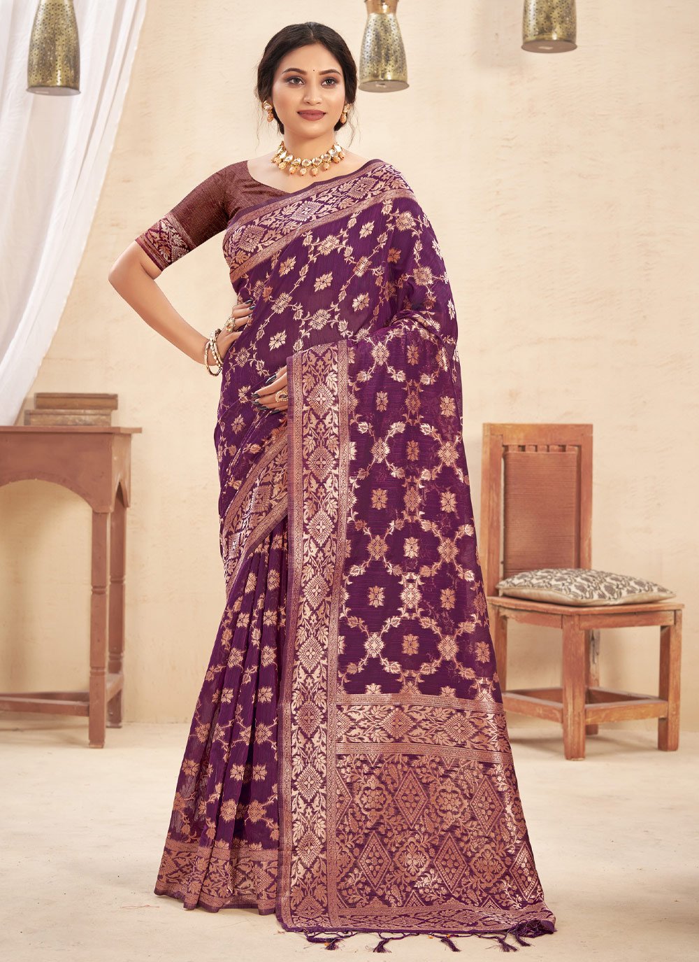 Trendy Saree Cotton Purple Embroidered Saree