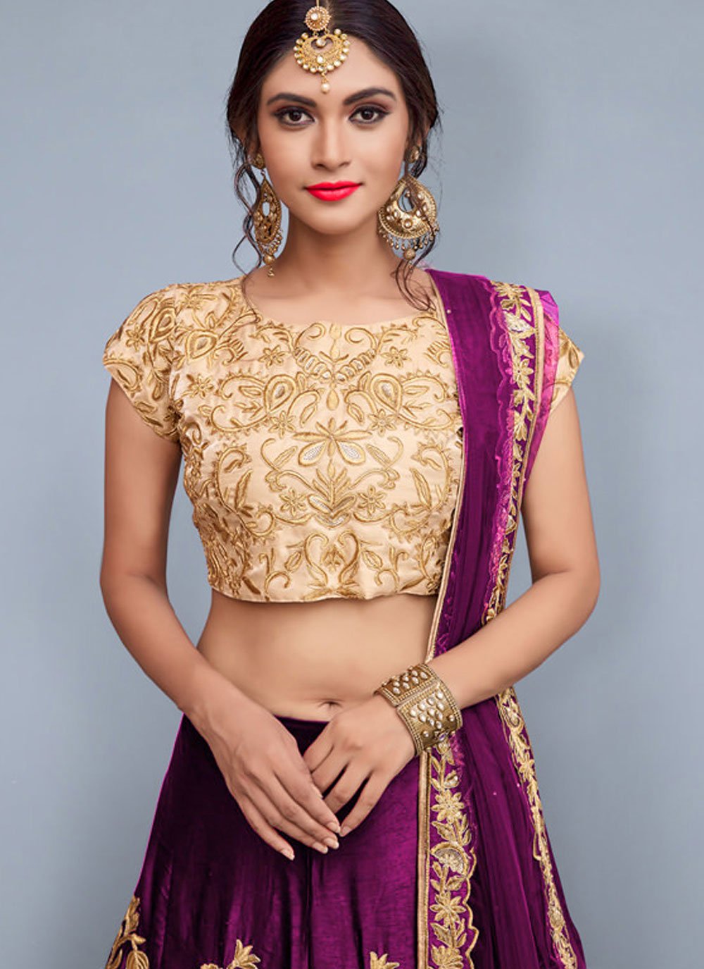 Lehenga Choli Velvet Purple Embroidered Lehenga Choli