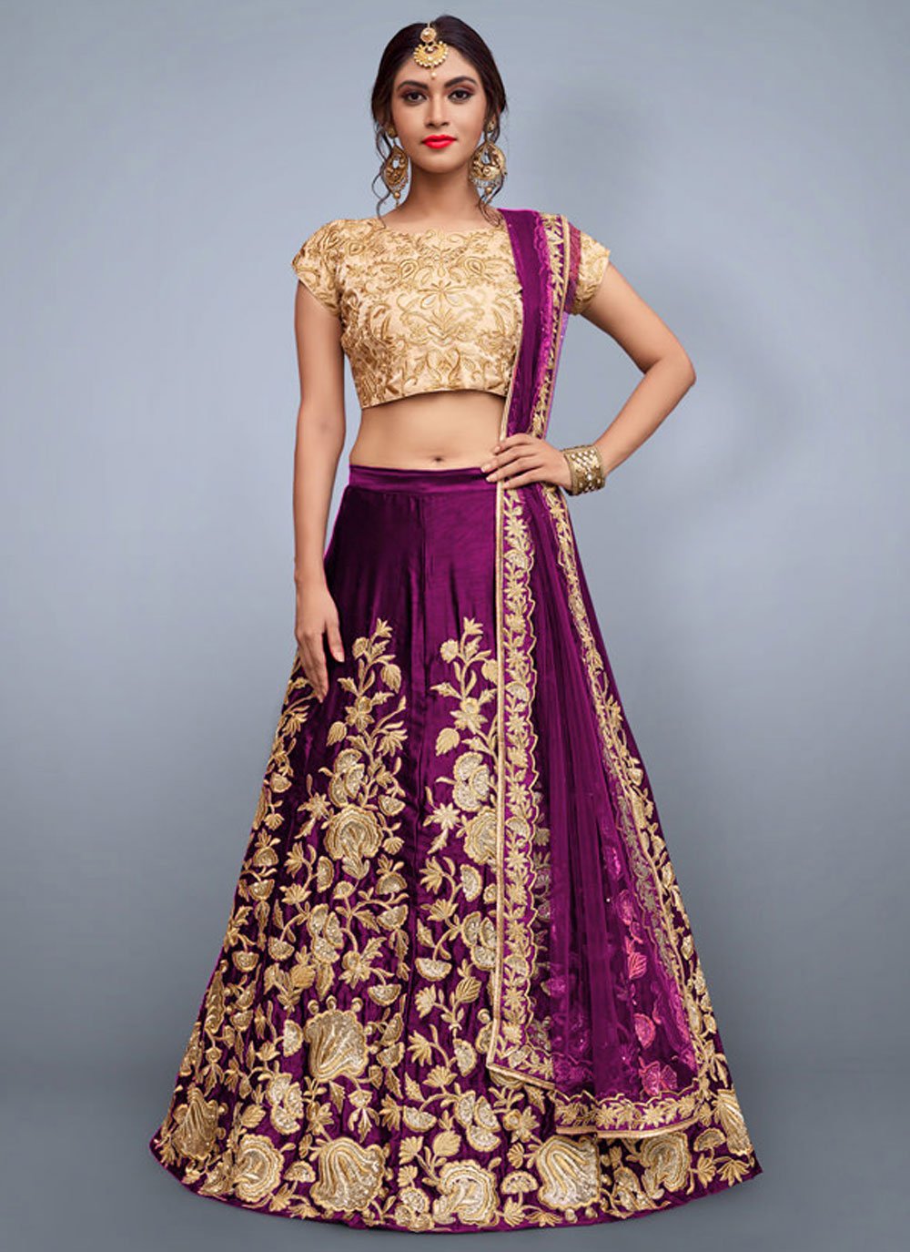 Lehenga Choli Velvet Purple Embroidered Lehenga Choli