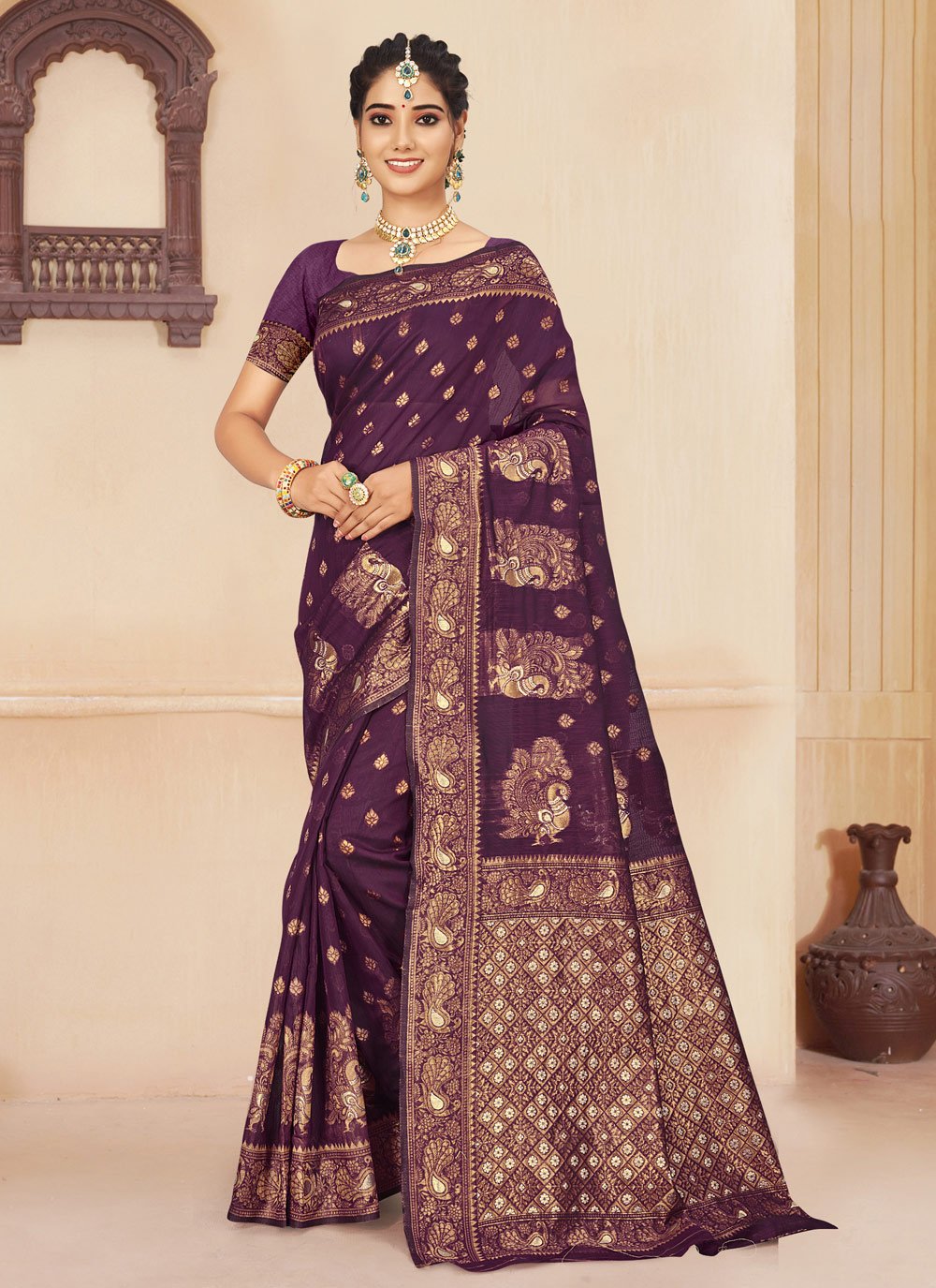 Casual Cotton Silk Purple Embroidered Saree