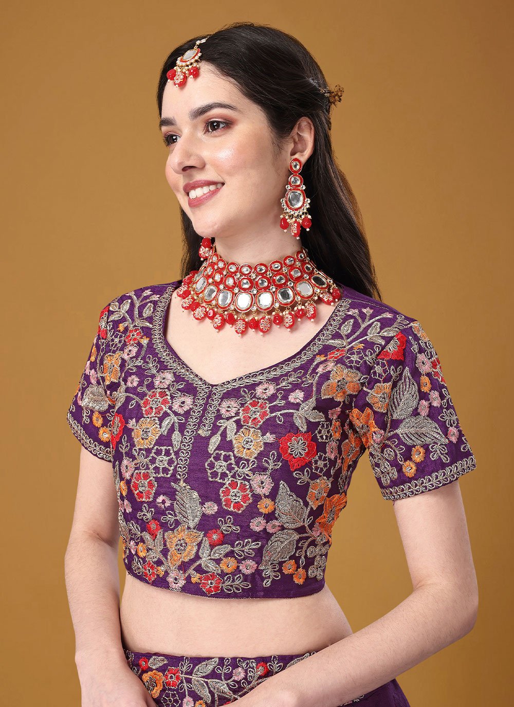 Lehenga Choli Satin Silk Purple Embroidered Lehenga Choli