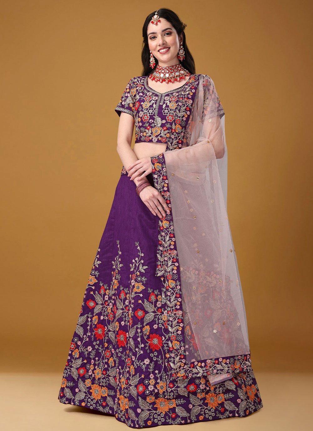 Lehenga Choli Satin Silk Purple Embroidered Lehenga Choli