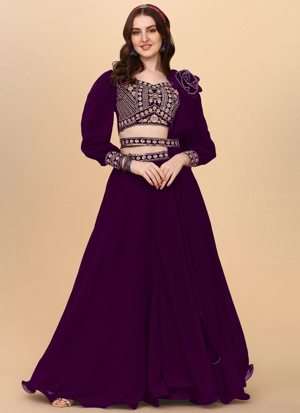 Readymade Lehenga Choli Georgette Purple Embroidered Lehenga Choli