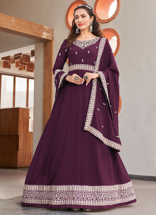 Anarkali Suit Faux Georgette Purple Dori Work Salwar Kameez