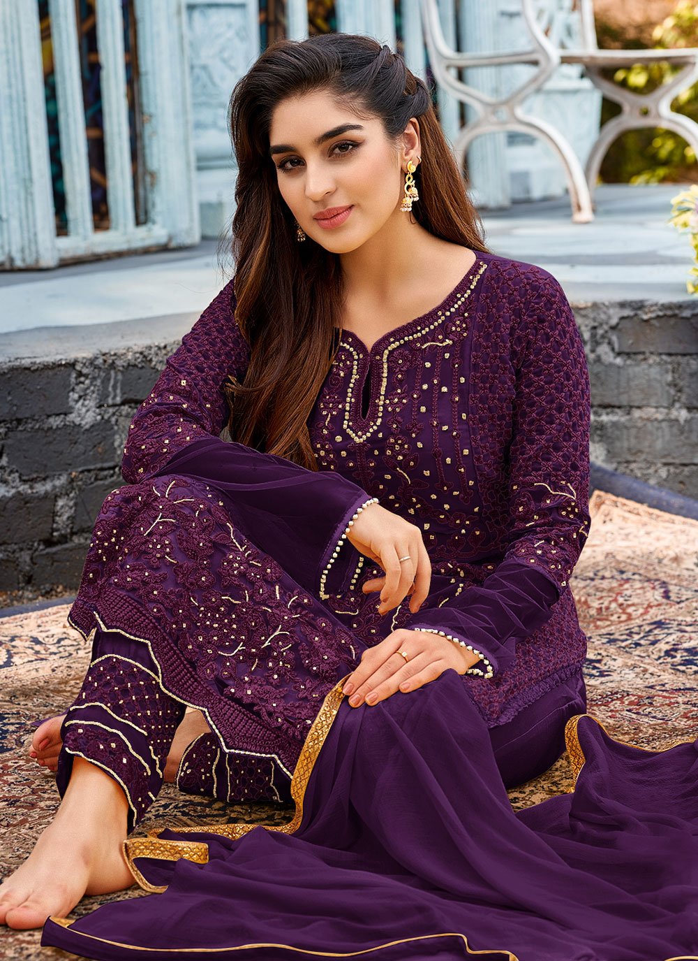 Pant Style Suit Faux Georgette Purple Embroidered Salwar Kameez