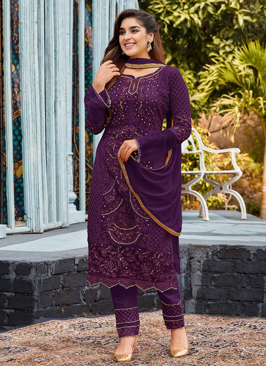 Pant Style Suit Faux Georgette Purple Embroidered Salwar Kameez