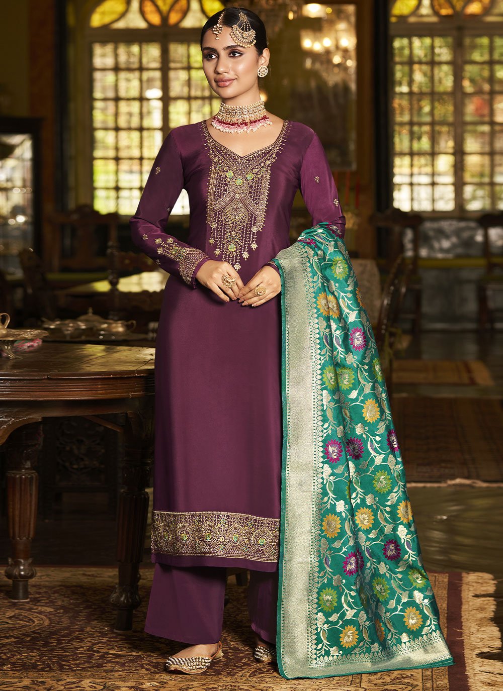 Palazzo Salwar Suit Crepe Silk Purple Embroidered Salwar Kameez