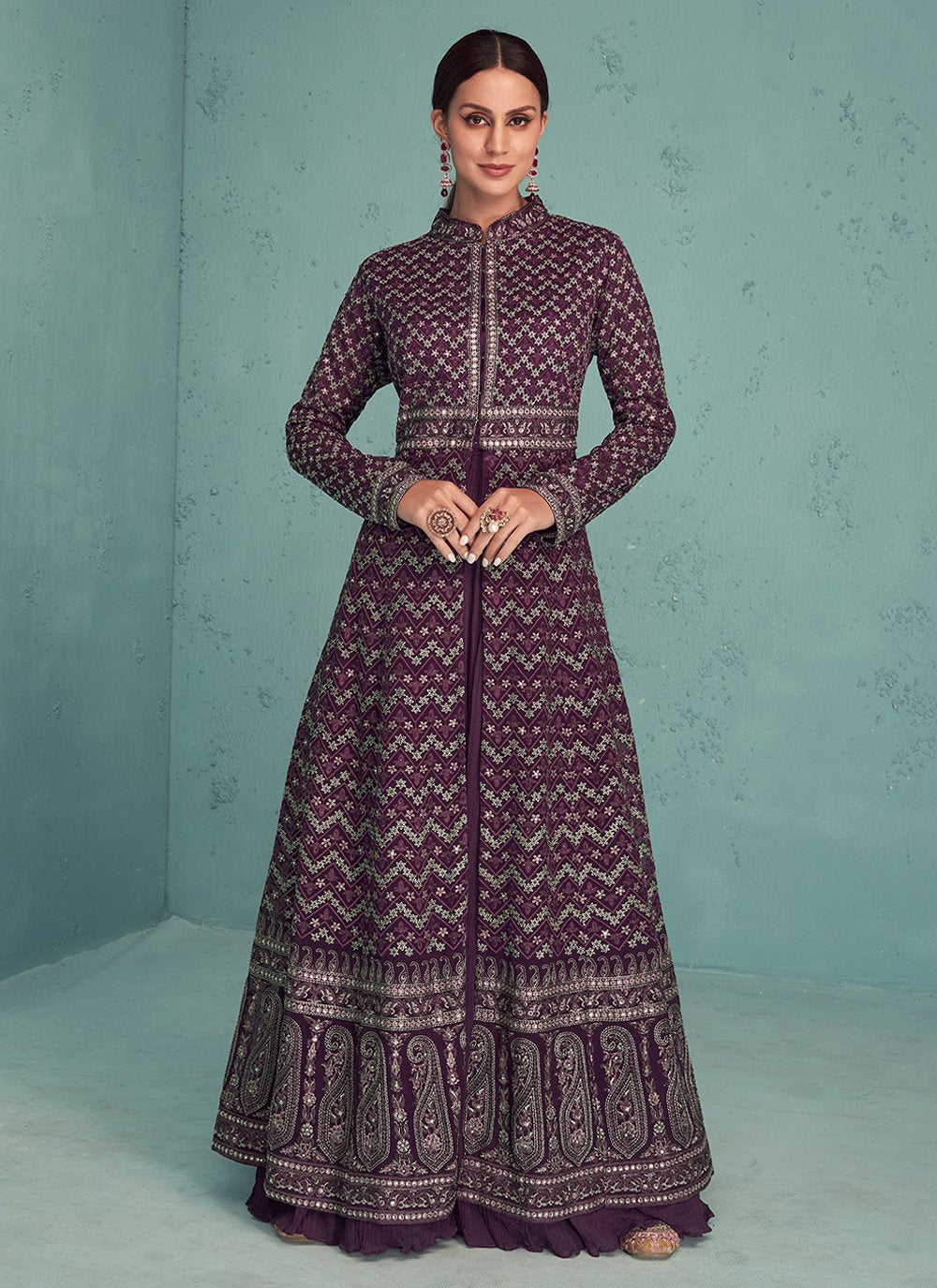 A Line Lehenga Georgette Purple Embroidered Lehenga Choli