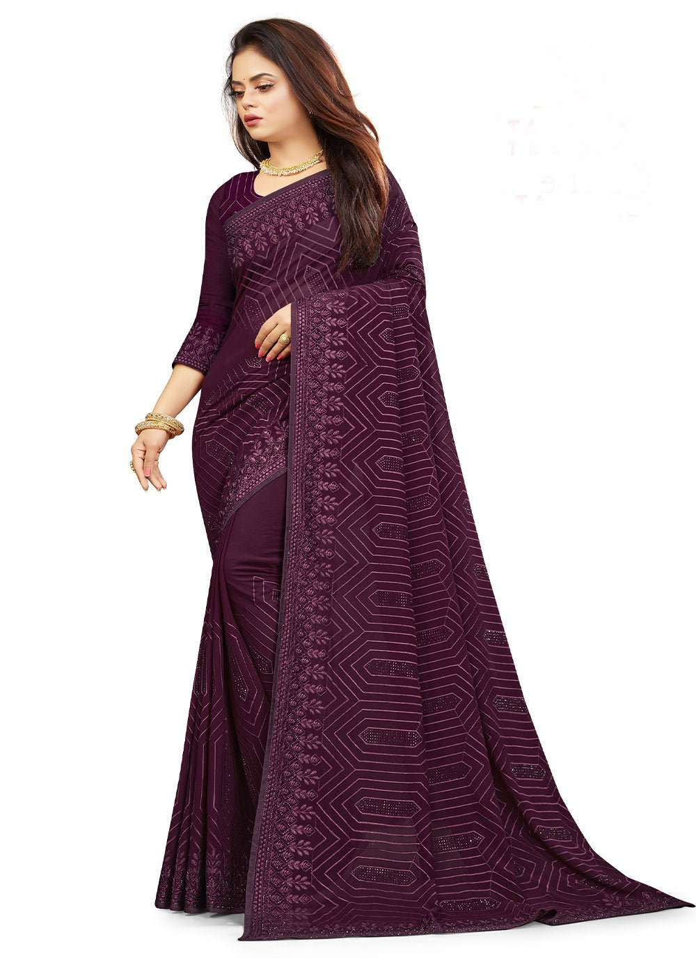 Classic Georgette Purple Embroidered Saree