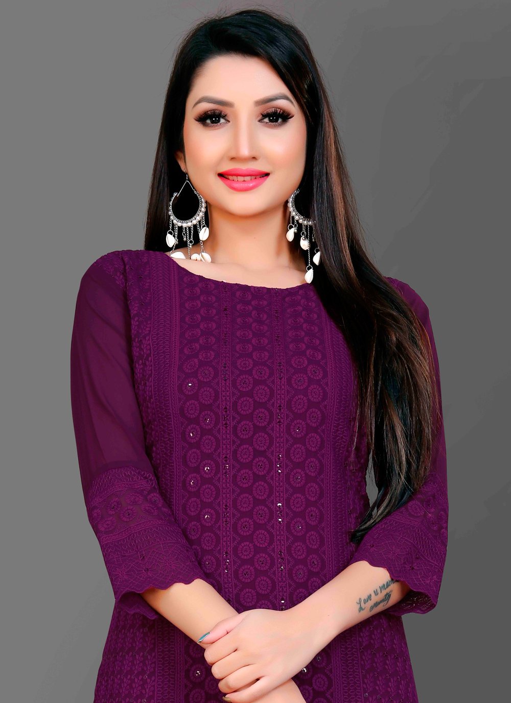 Designer Kurti Chiffon Georgette Purple Embroidered Kurtis