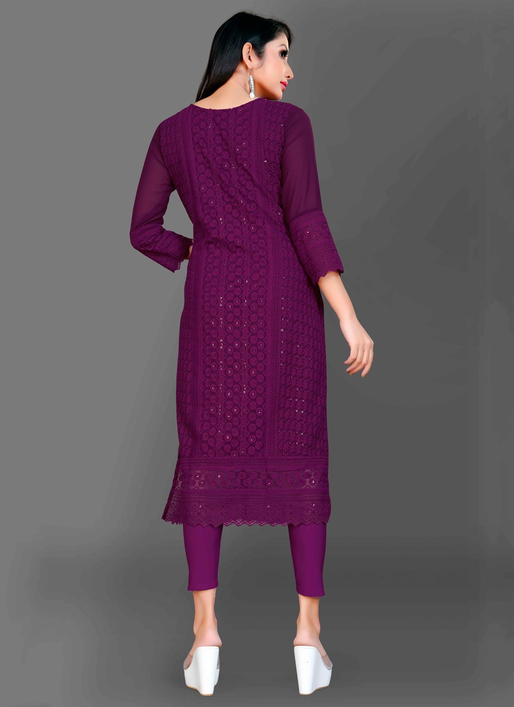 Designer Kurti Chiffon Georgette Purple Embroidered Kurtis