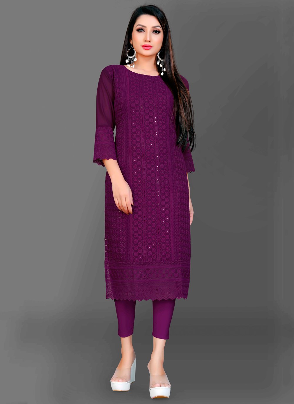 Designer Kurti Chiffon Georgette Purple Embroidered Kurtis