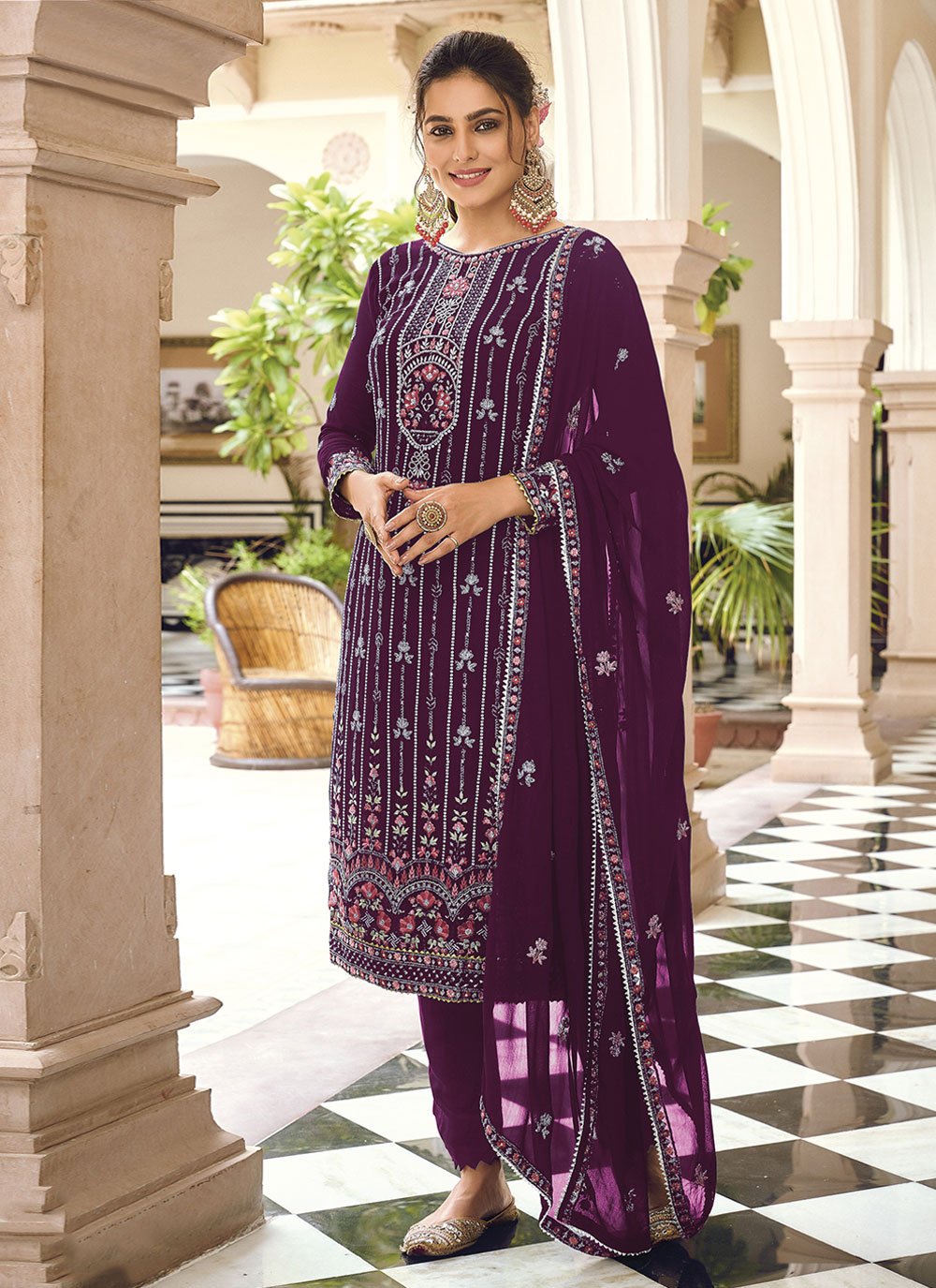 Salwar Suit Georgette Purple Embroidered Salwar Kameez