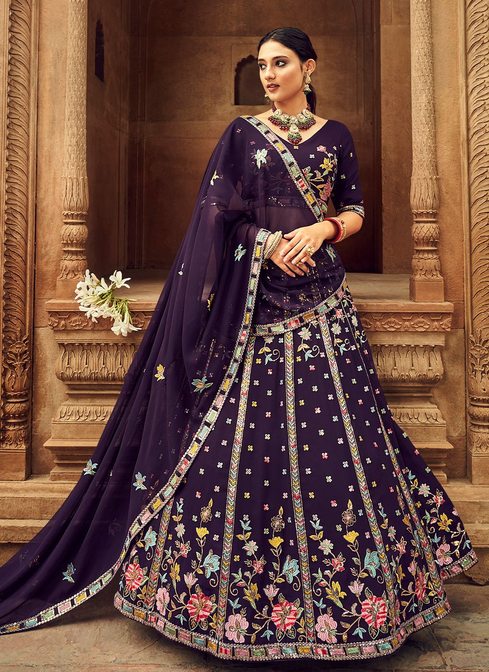 Lehenga Choli Georgette Purple Embroidered Lehenga Choli