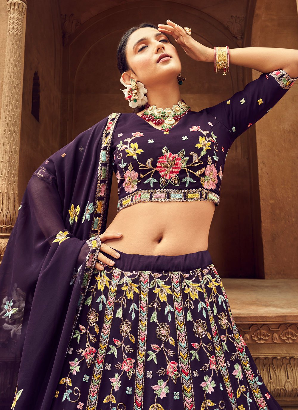 Lehenga Choli Georgette Purple Embroidered Lehenga Choli