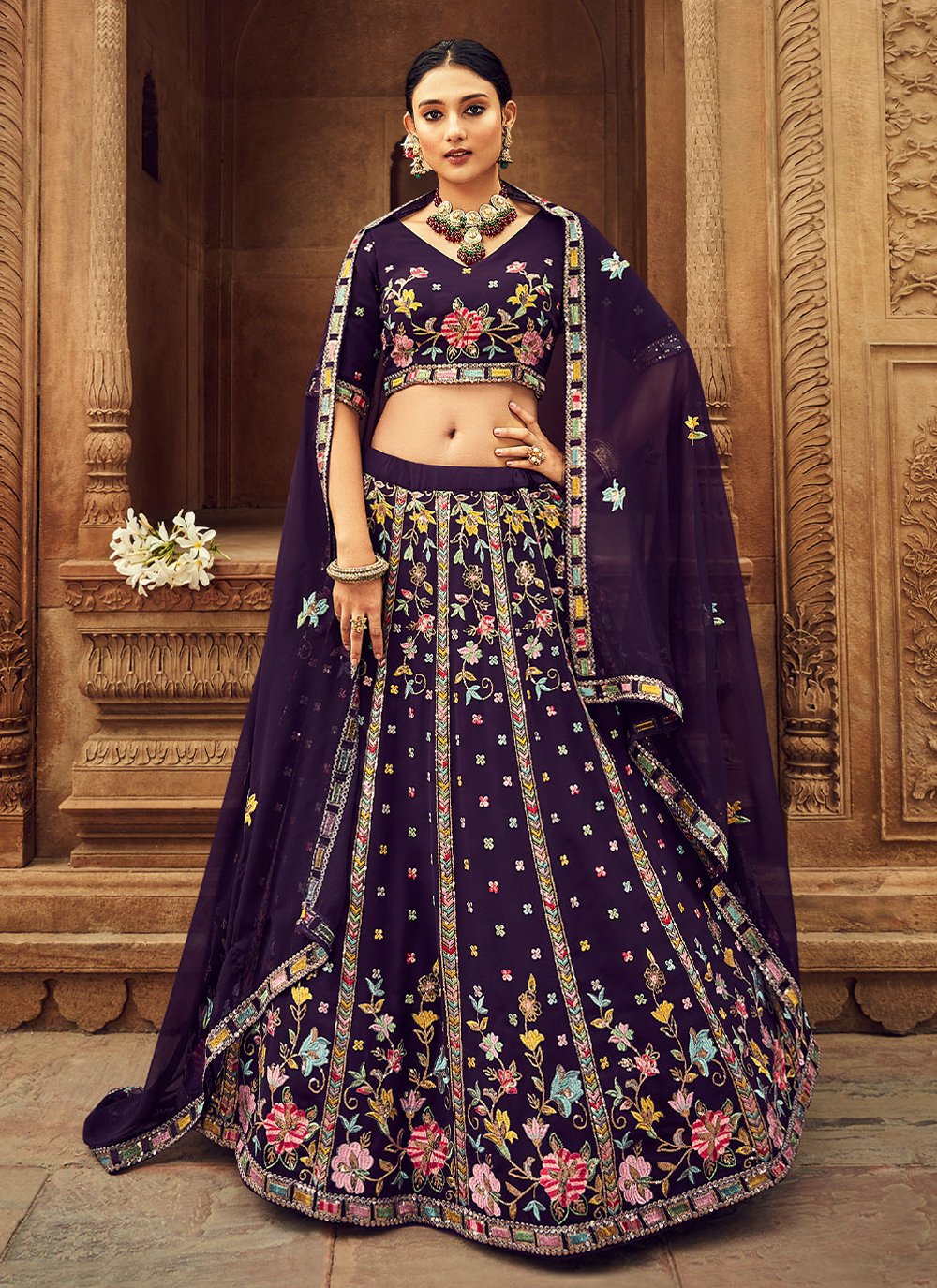 Lehenga Choli Georgette Purple Embroidered Lehenga Choli