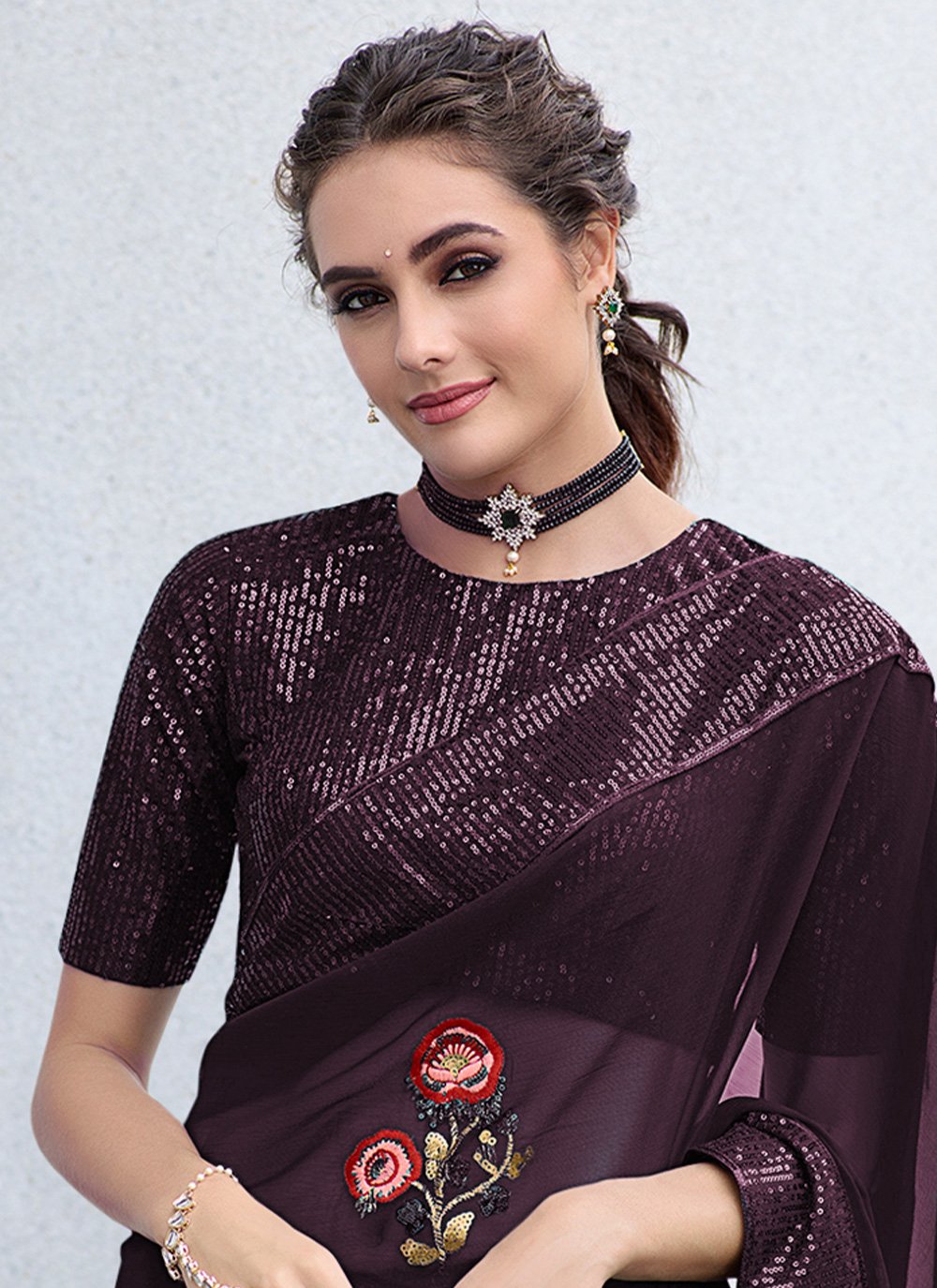 Trendy Saree Georgette Purple Embroidered Saree