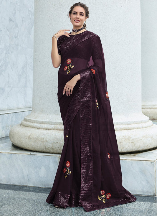 Trendy Saree Georgette Purple Embroidered Saree