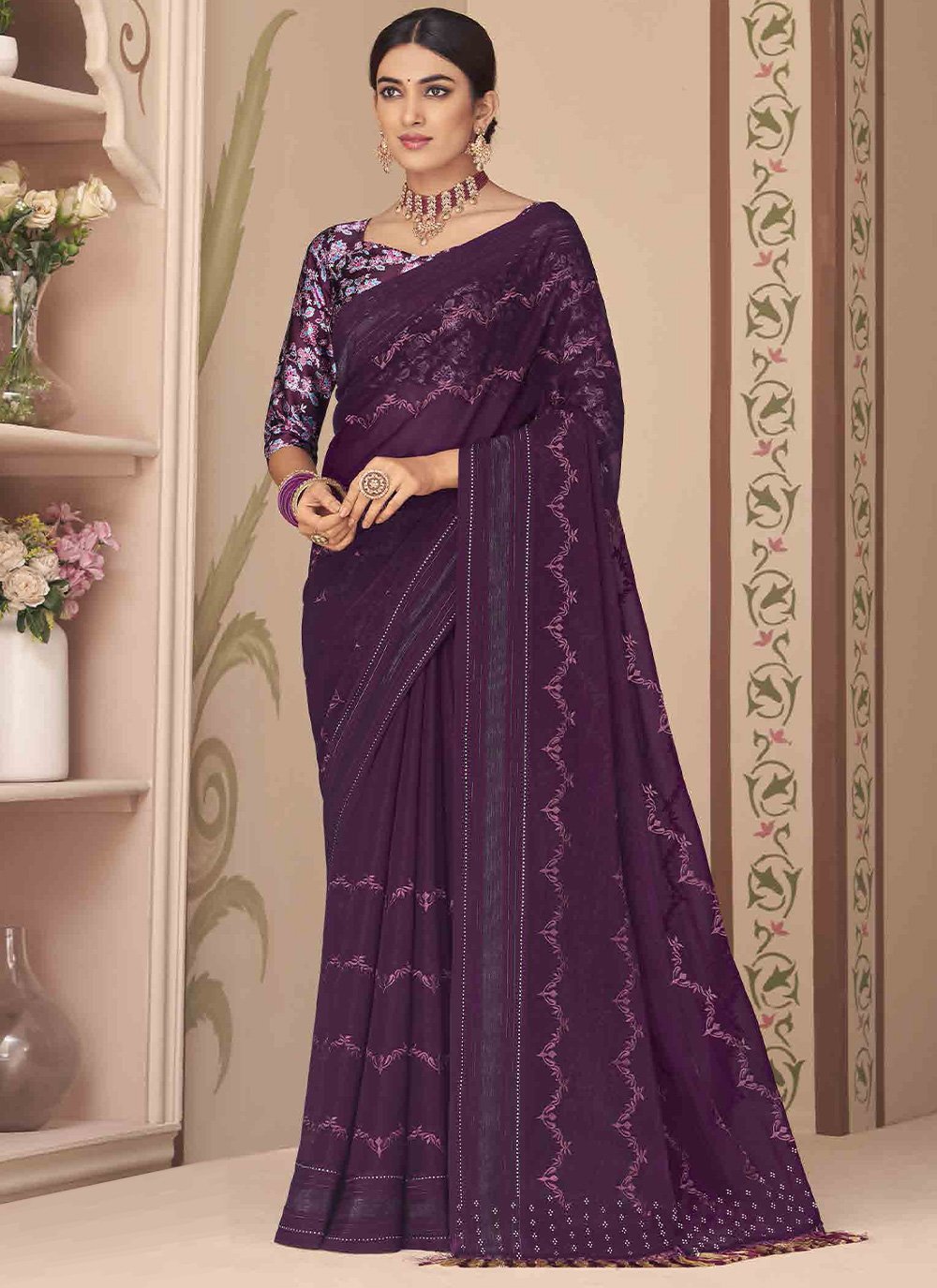 Trendy Saree Georgette Purple Embroidered Saree